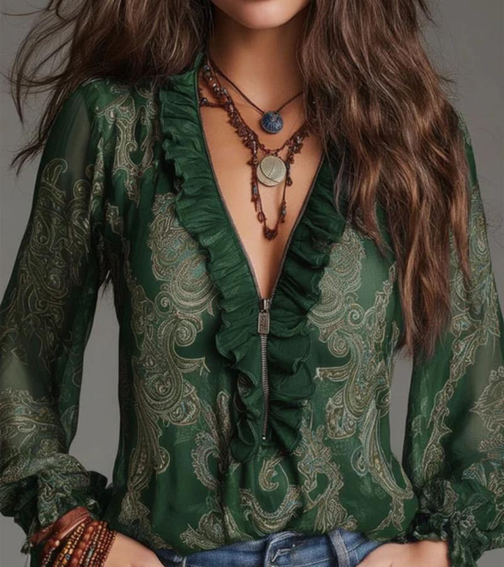 Women's V-Neck Ruffled Long Sleeve Chiffon Blouse