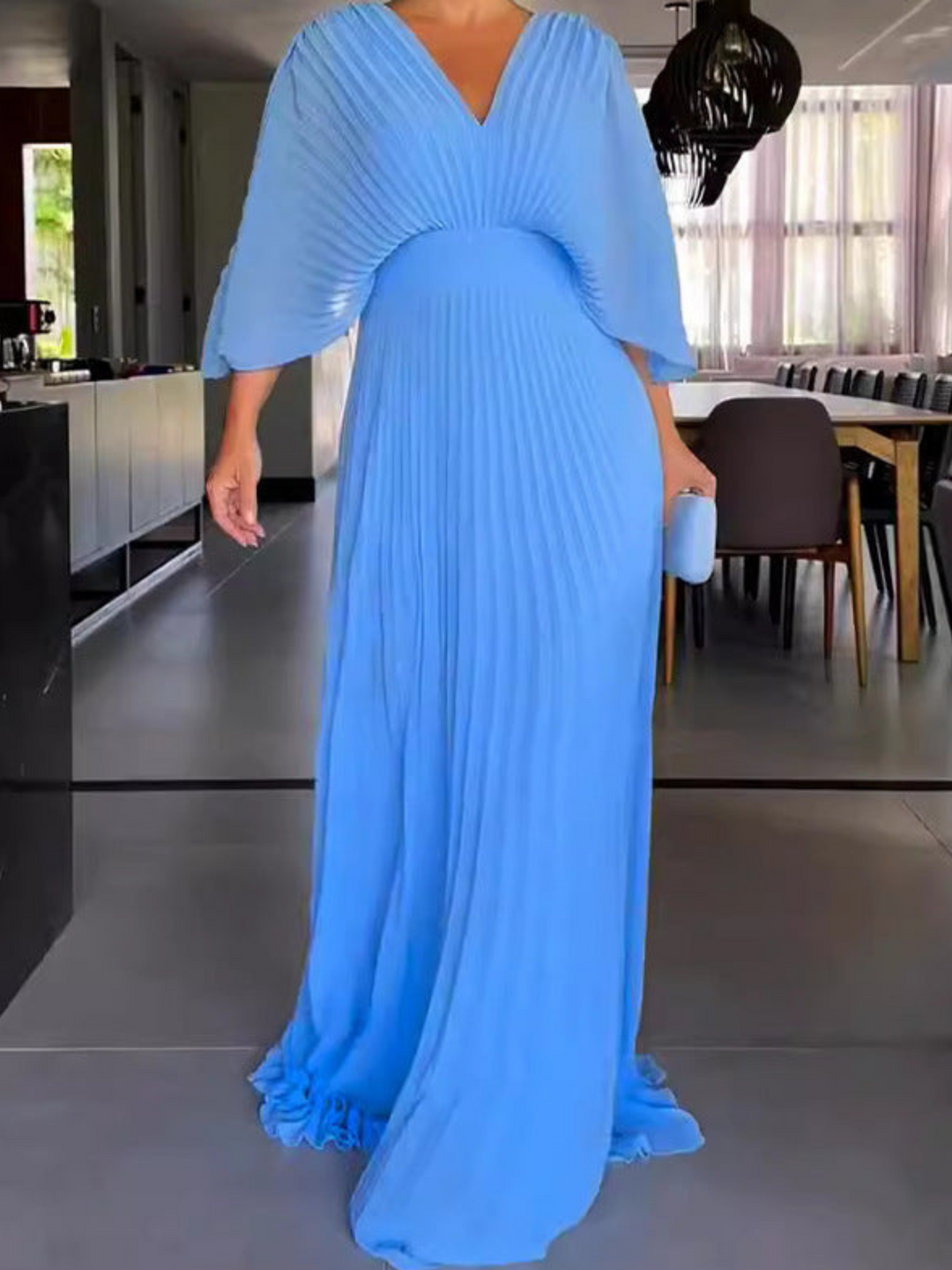 Women’s Pleated V-Neck Linen-Blend Maxi Dress