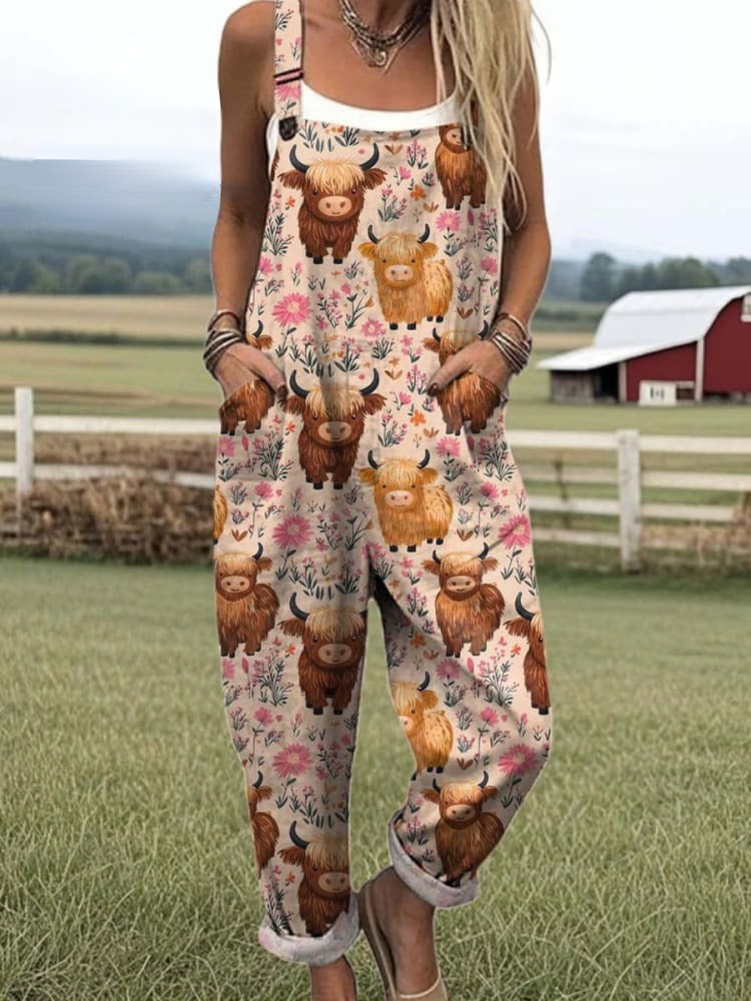 Women's Linen Blend Graphic Print Loose Fit Sleeveless Overalls Jumpsuit