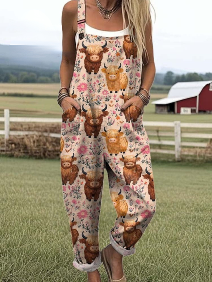 Women's Linen Blend Graphic Print Loose Fit Sleeveless Overalls Jumpsuit