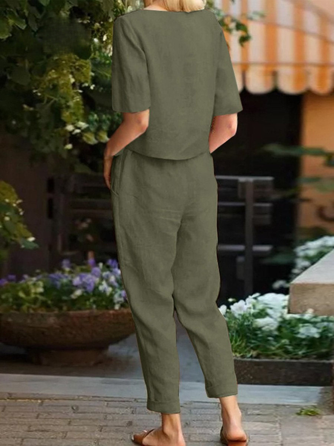 Women's Linen Two Piece Set Short Sleeve Top and Trousers Outfits