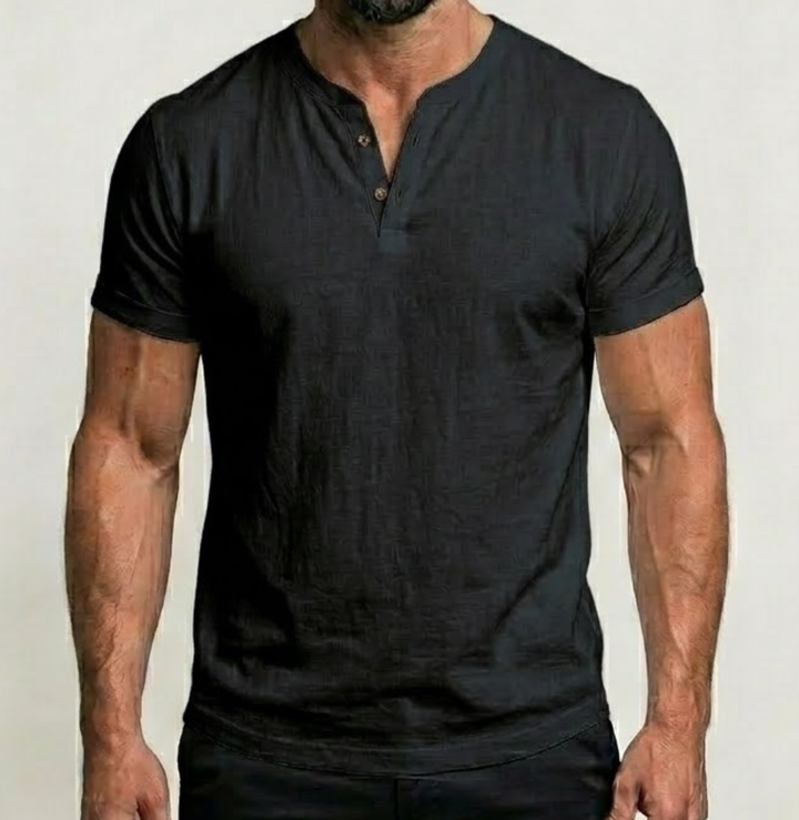 Men's Linen Henley V-Neck Short Sleeve Casual T-Shirt