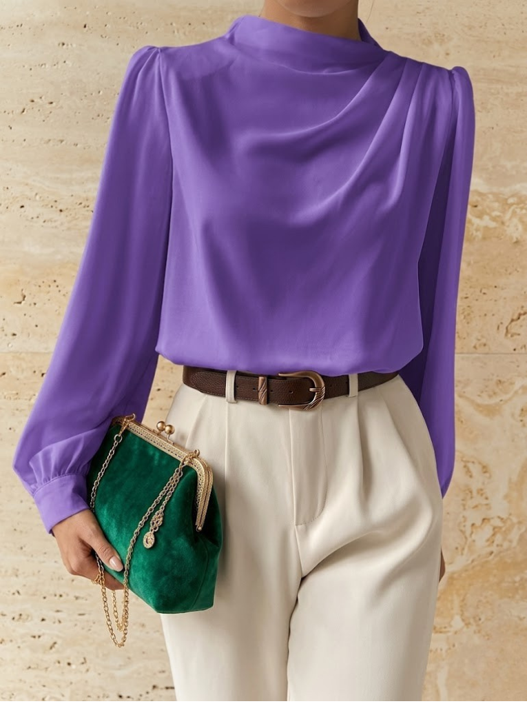 Women's Satin High Neck Blouse Long Sleeve Draped Silk Shirt