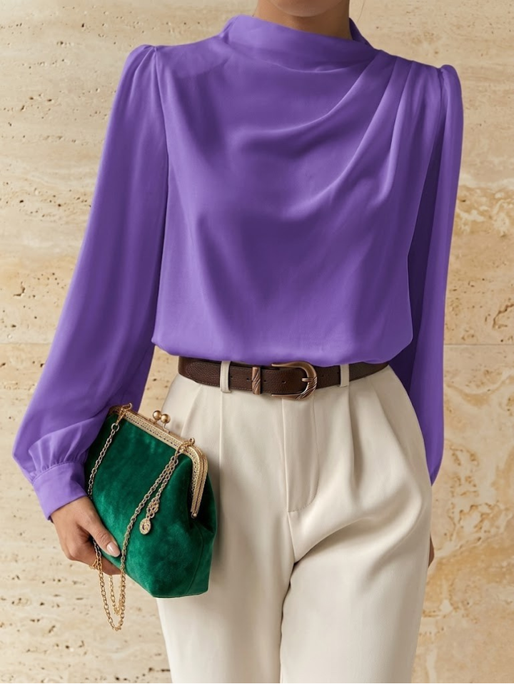 Women's Satin High Neck Blouse Long Sleeve Draped Silk Shirt