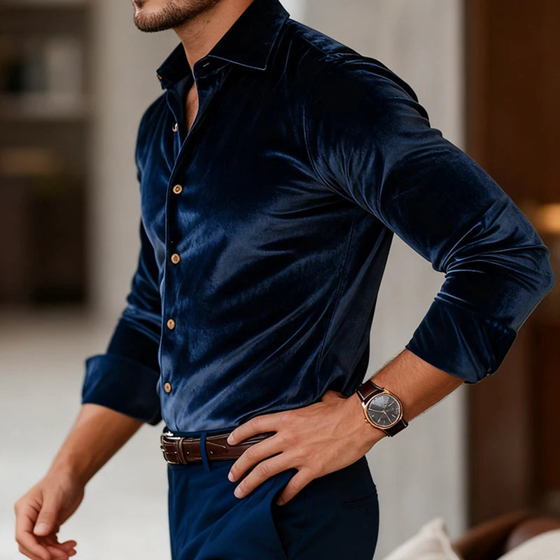 Men's Tailored Long-Sleeve Velvet Button-Up Dress Shirt