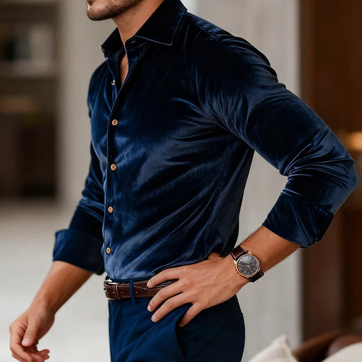 Men's Tailored Long-Sleeve Velvet Button-Up Dress Shirt