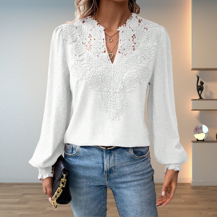 Women's Lace V-Neck Long Sleeve Chiffon Top
