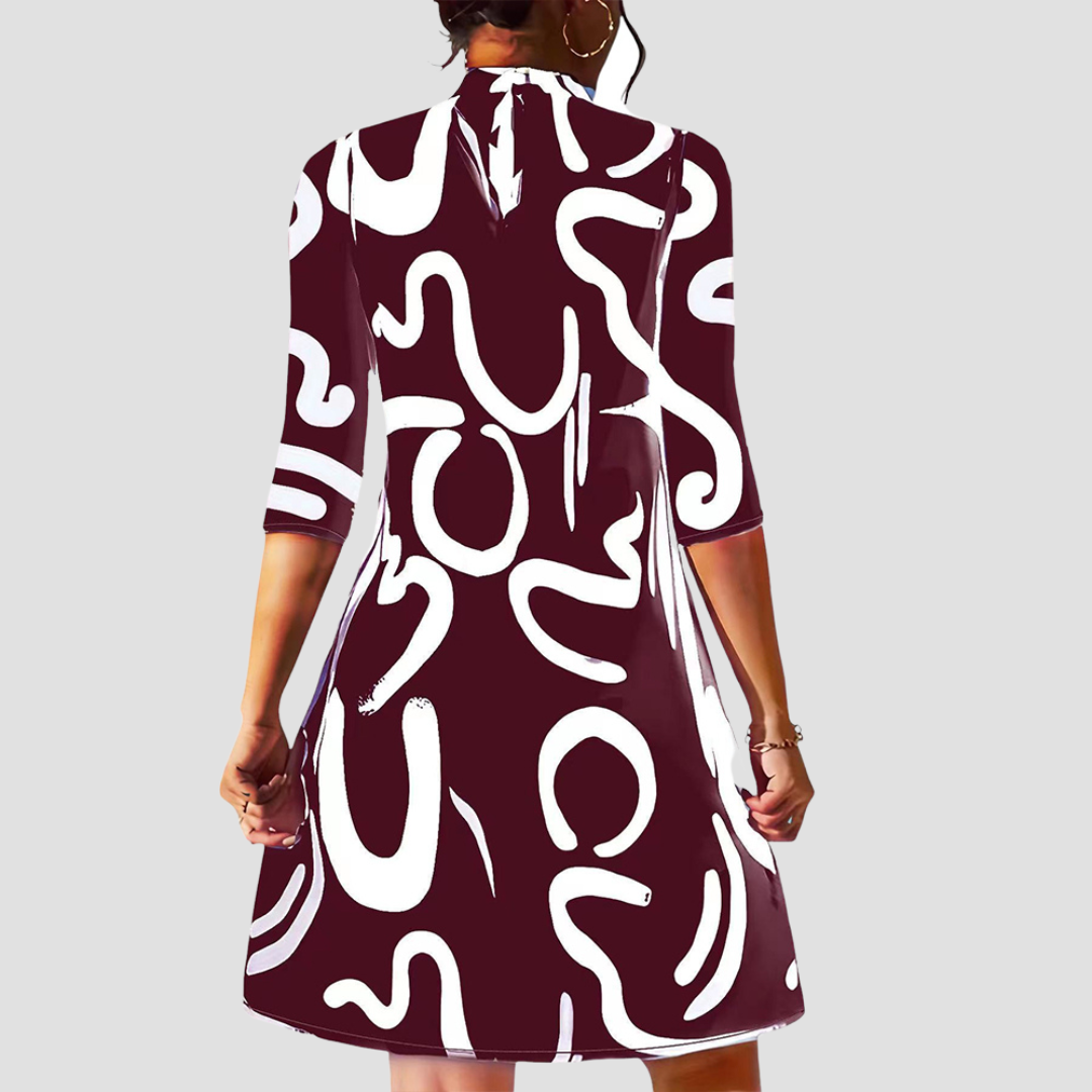 Women's Satin Dress Mock Neck Abstract Print 3/4 Sleeve Shift