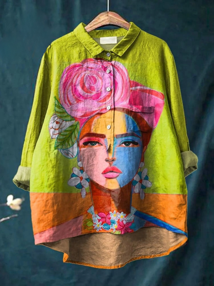 Women's Oil Painting Portrait Print Linen Shirt