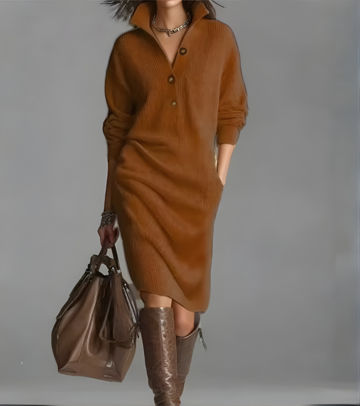 Women's Knit Long-Sleeve Button-Placket Polo Midi Dress