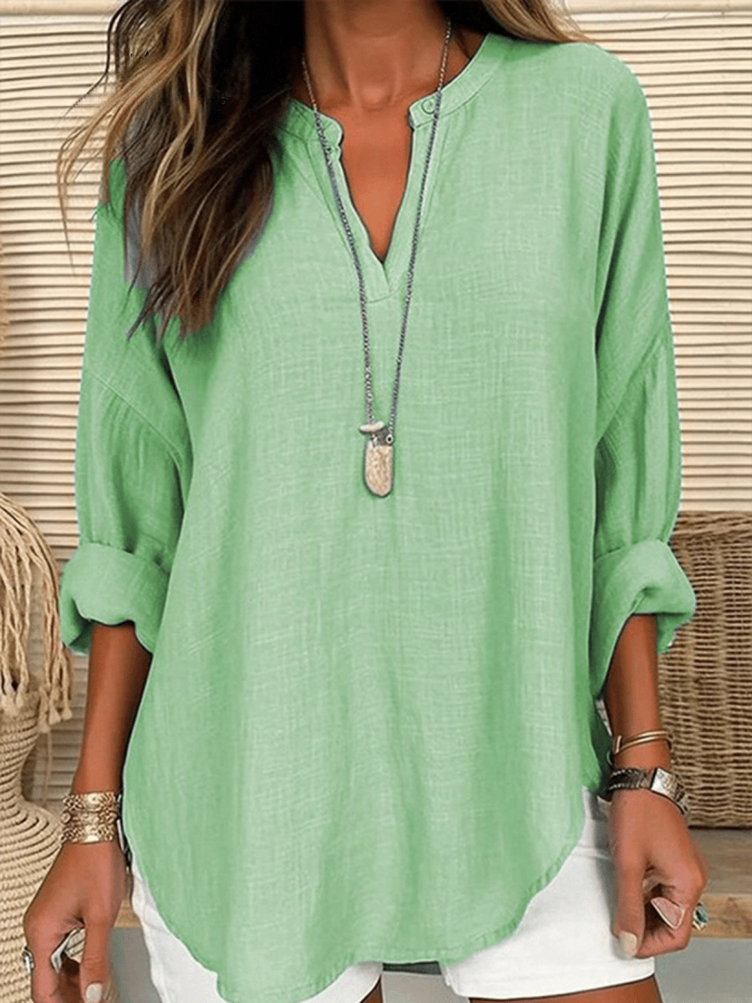 Linen V-Neck Women's Long Sleeve Tunic Blouse Tops