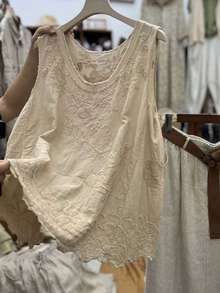 Women's Embroidered Linen Tank Top Sleeveless Blouse