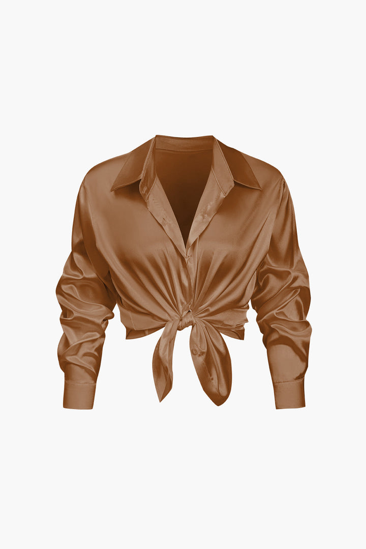 Women's Silk Satin Button Up Shirt Long Sleeve Blouse