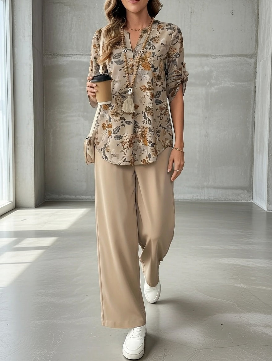 Women’s Linen Blend Floral V-Neck Blouse & Trousers Set