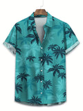 Men's Linen Palm Print Short Sleeve Hawaiian Button Down Shirt