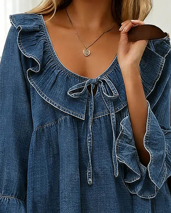 Women’s Denim Ruffled V-Neck Long-Sleeve Blouse