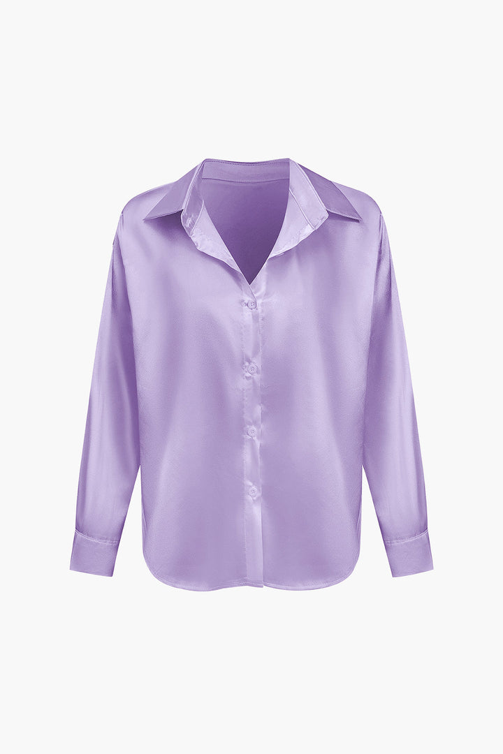 Women's Silk Satin Button Up Shirt Long Sleeve Blouse