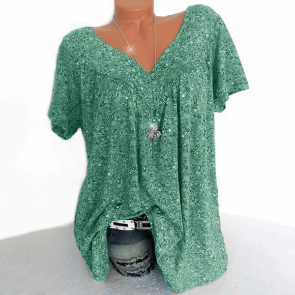 Women’s Linen Printed V-Neck Short-Sleeve Blouse