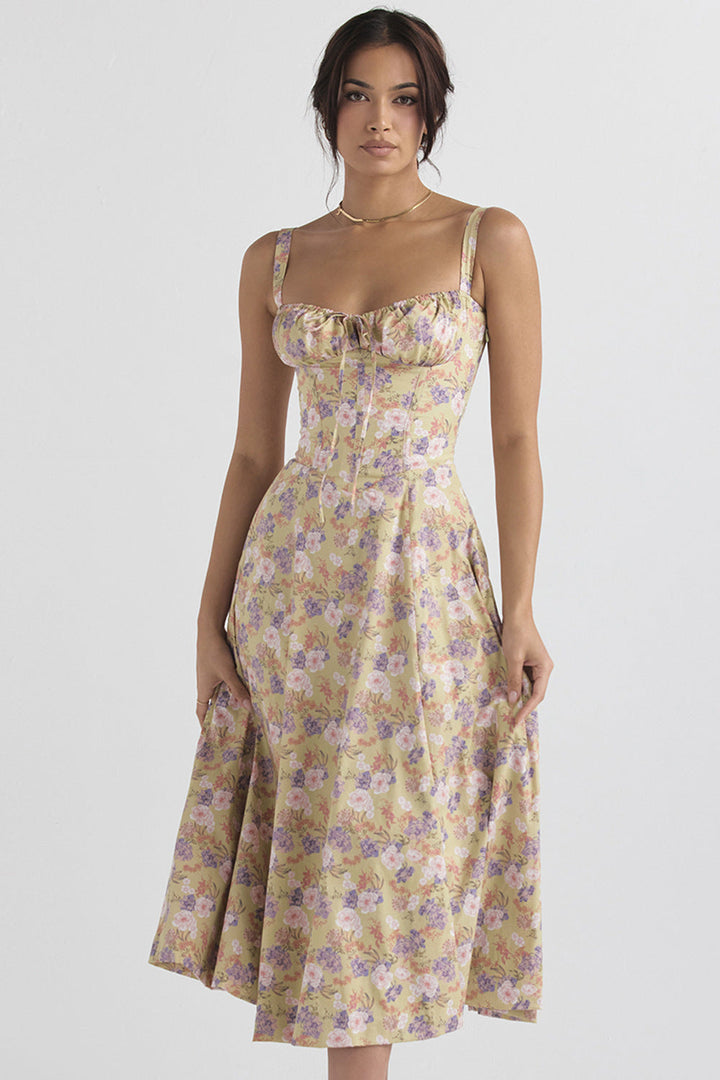 Women's Floral Linen Midi Dress Cocktail Party Dress