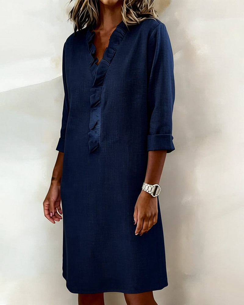 Women's Linen Dress Casual V Neck Tunic Shift Long Sleeve Shirt