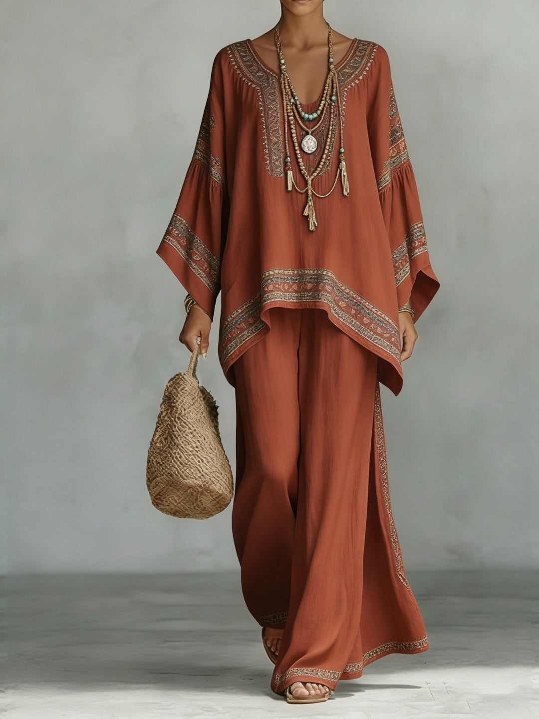 Women's Linen Boho Tunic and Wide Leg Pants Two Piece Set