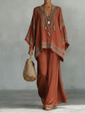 Women's Linen Boho Tunic and Wide Leg Pants Two Piece Set