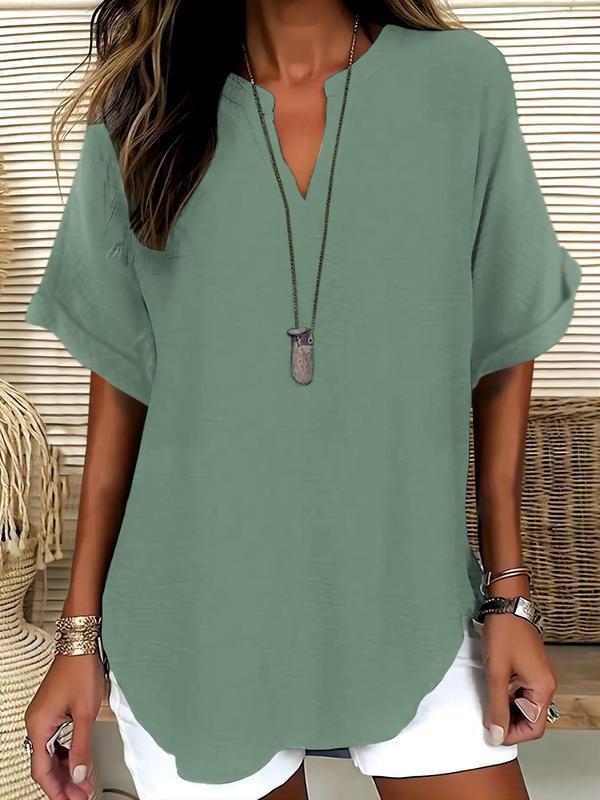 Women Linen Blouse V Neck Short Sleeve Casual Tunic Top