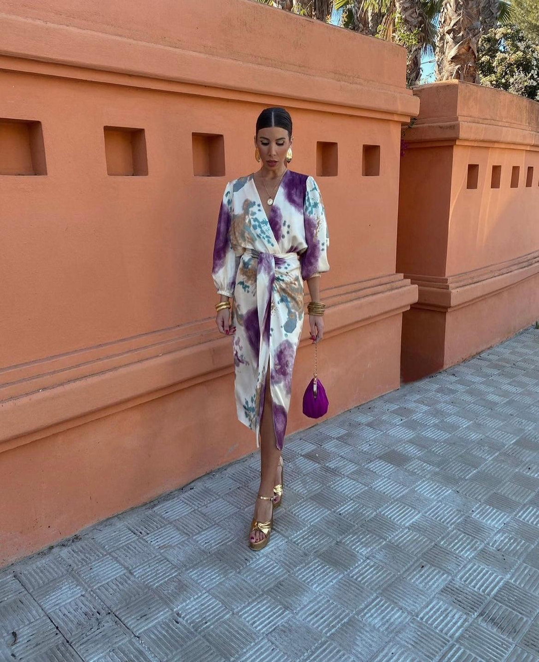 Women's Wrap Satin Long Sleeve V Neck Tie Dye Midi Dress