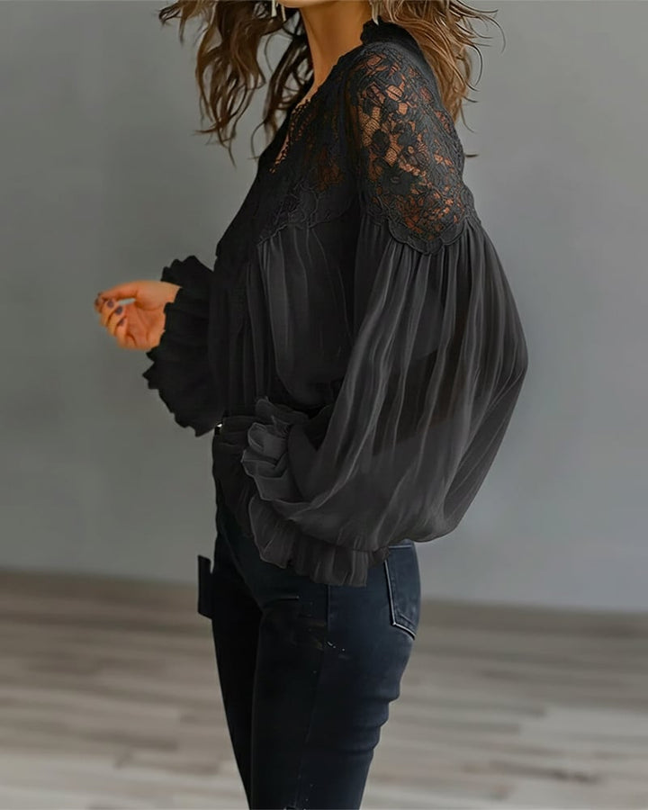 Women's Lace V-Neck Blouse Chiffon Long Sleeve Top