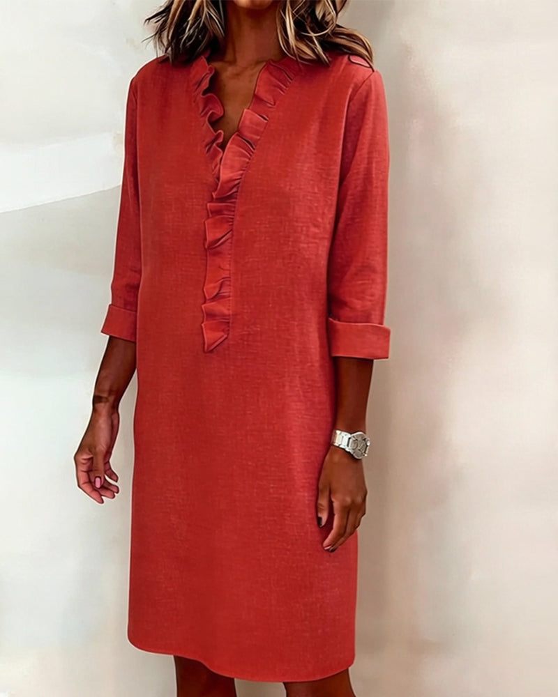 Women's Linen Dress Casual V Neck Tunic Shift Long Sleeve Shirt