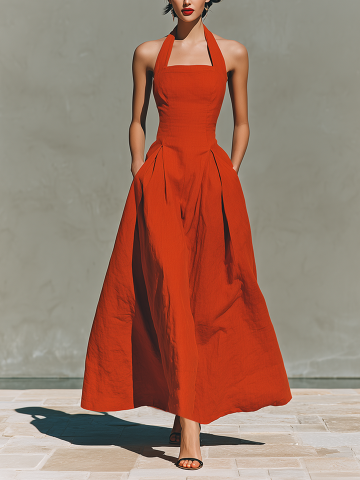 Women's Linen Blend Halter Neck Sleeveless Pleated A-Line Maxi Dress