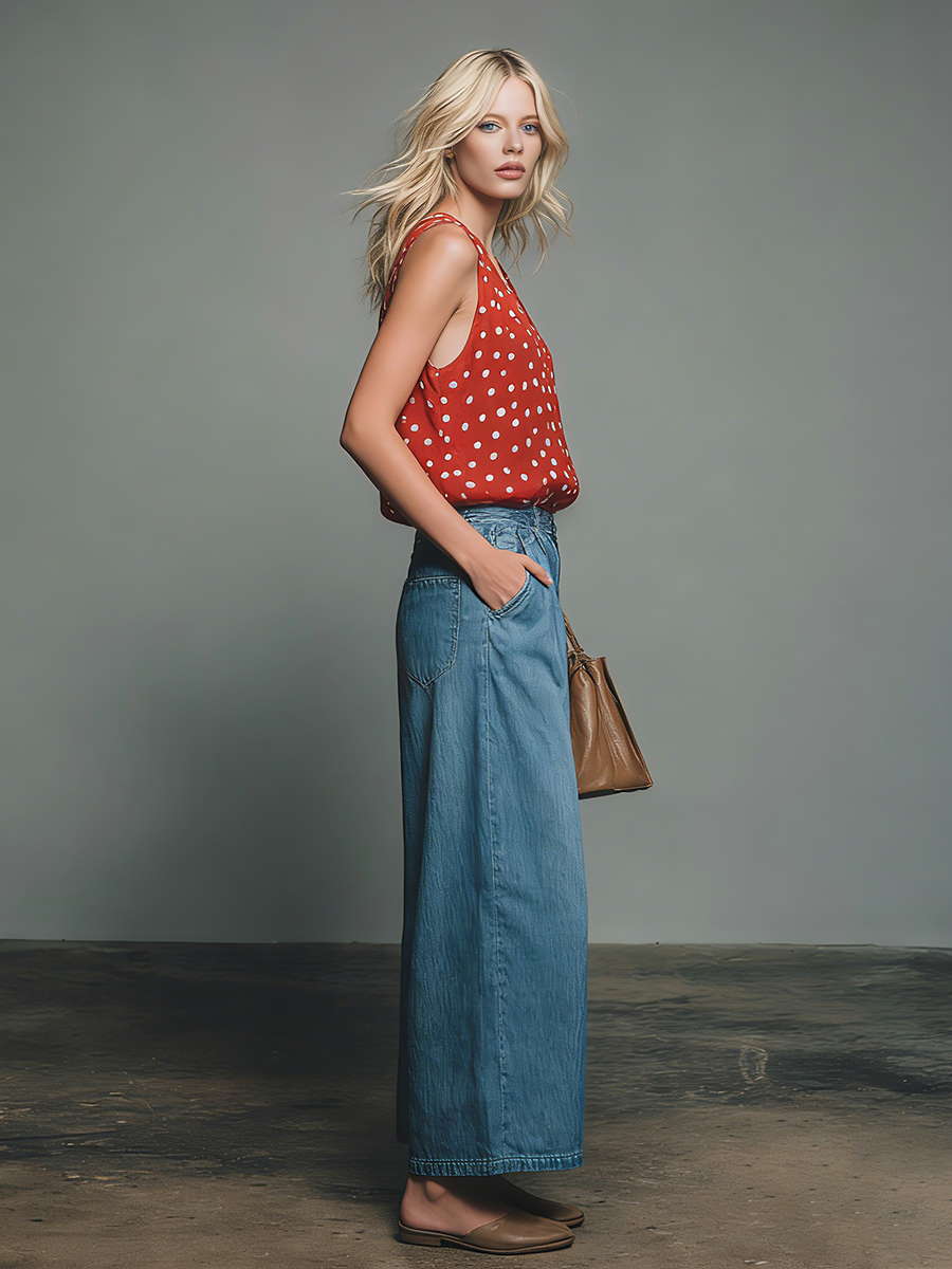 Women's Linen Blend V-Neck Top and Wide Leg Denim Trousers Set