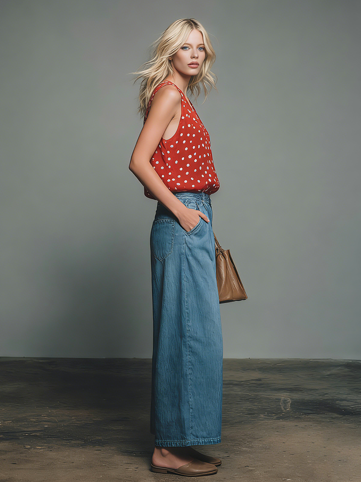 Women's Linen Blend V-Neck Top and Wide Leg Denim Trousers Set