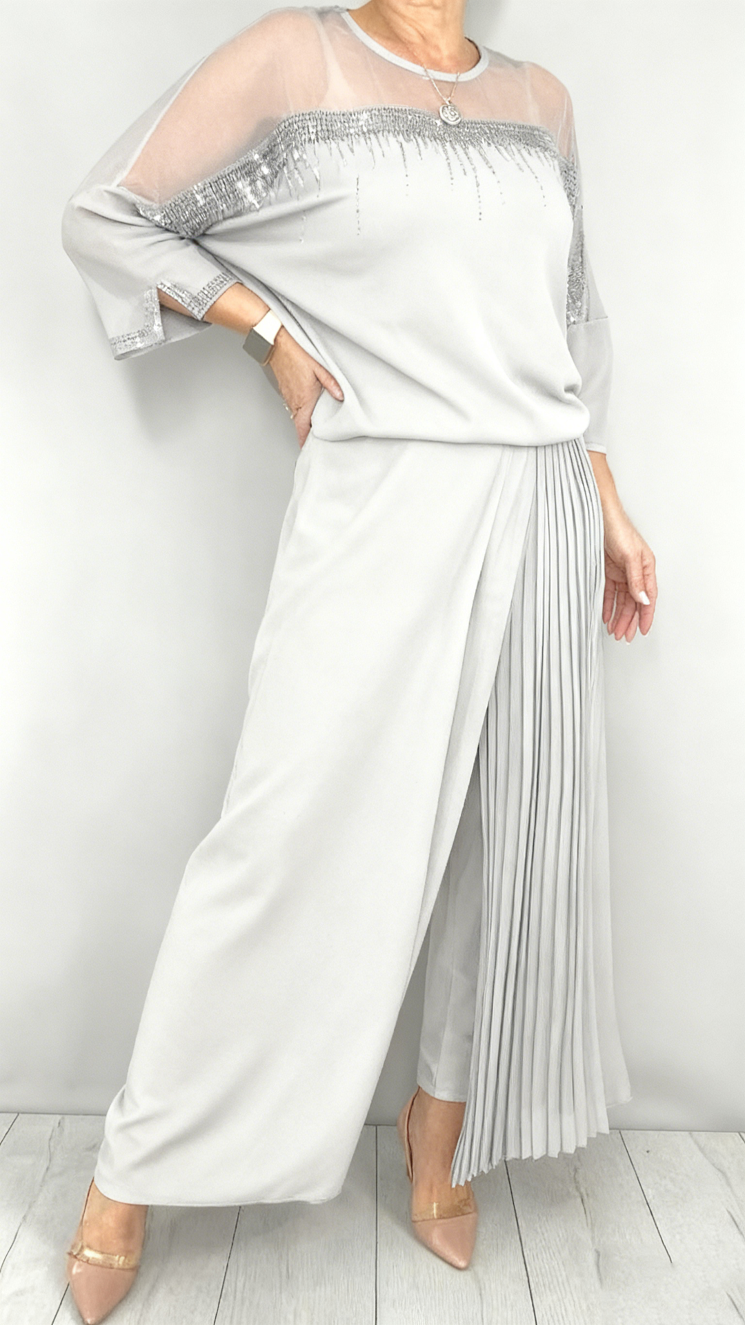 Ensemble pantalon de soirée élégant 2 pièces pour femme en mousseline et tulle