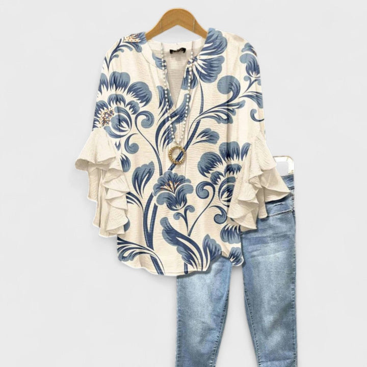 Women Linen V Neck Blouse Tiered Ruffle Bell Sleeve Floral Print Tunic Top