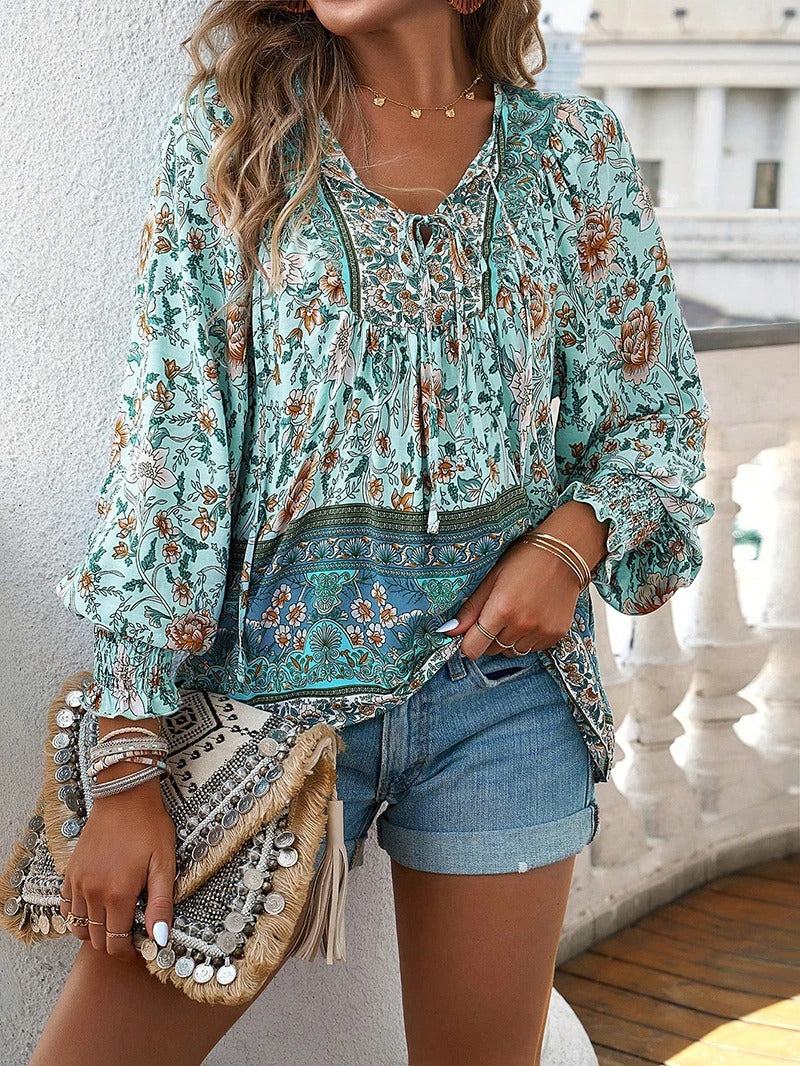 Women's Boho Floral Chiffon Long Sleeve Peasant Blouse Top