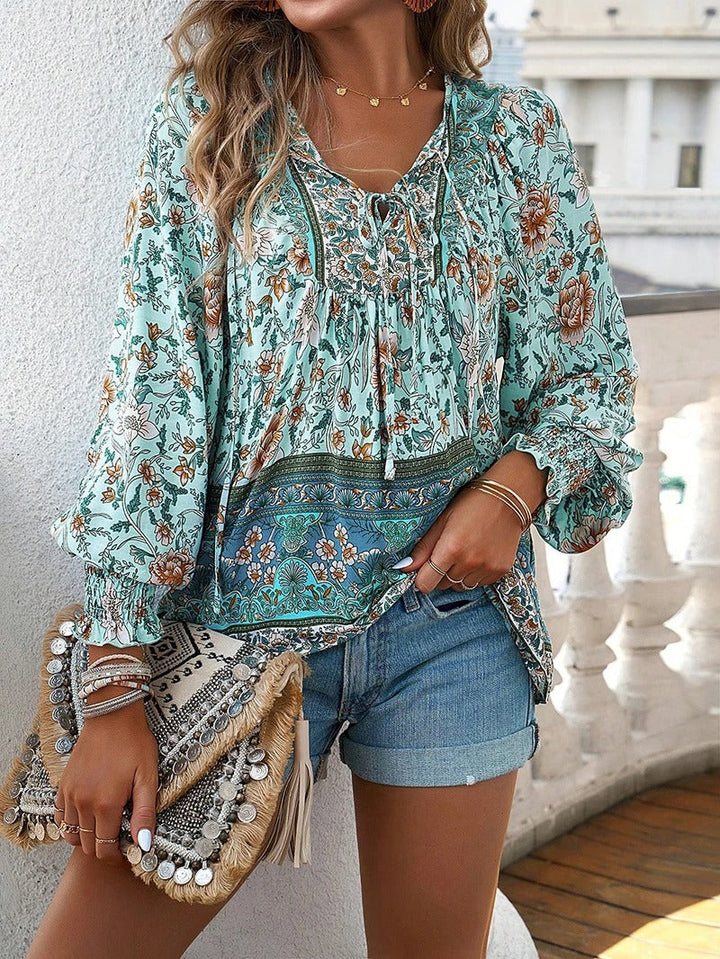 Women's Boho Floral Chiffon Long Sleeve Peasant Blouse Top