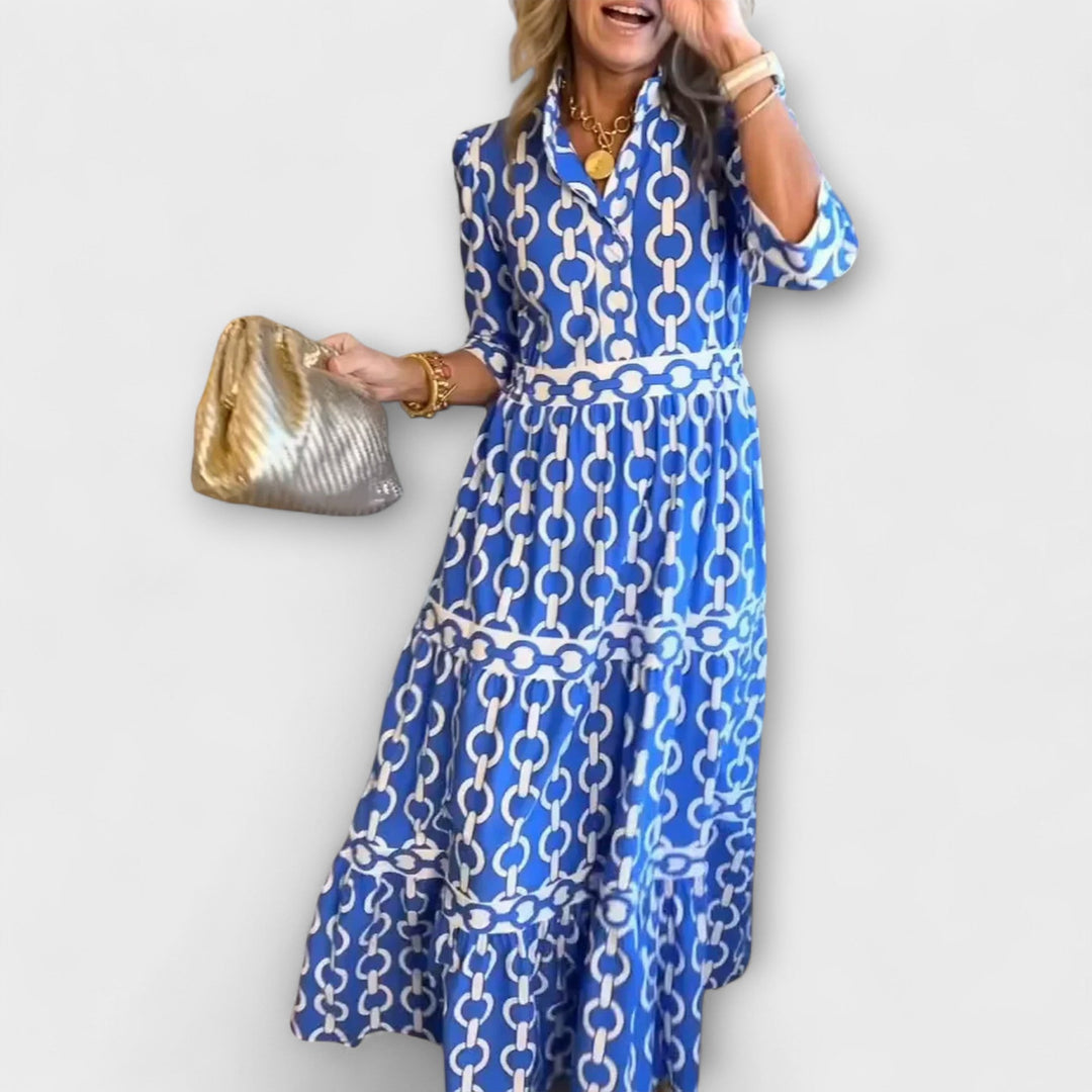 Women's Satin Button-Front Chain-Print Midi Dress