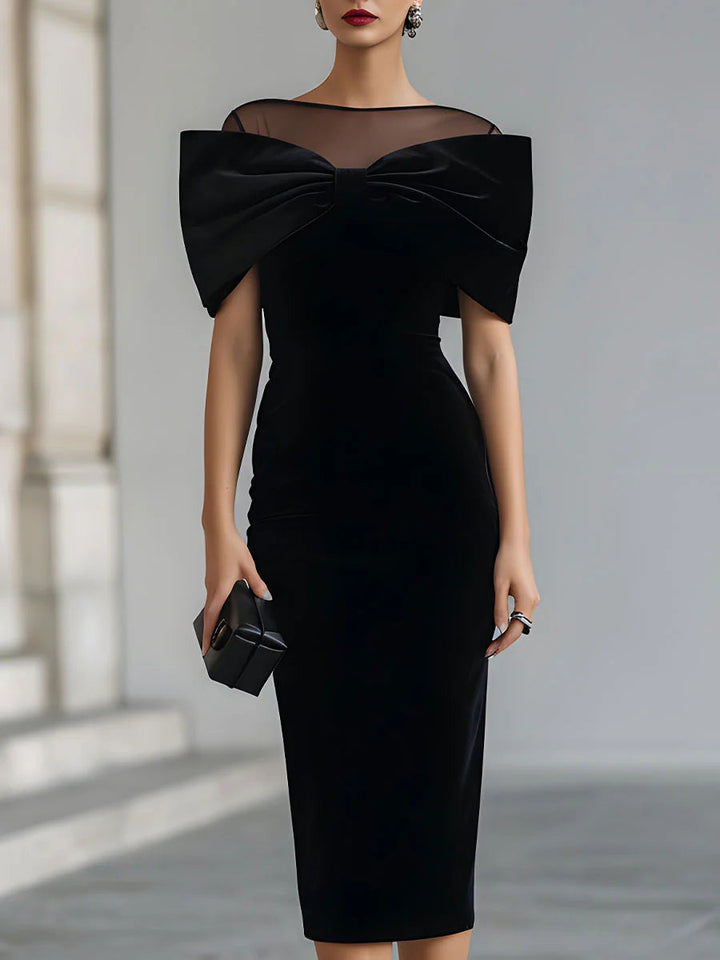 Women's Velvet Off-Shoulder Bow Midi Formal Evening Dress