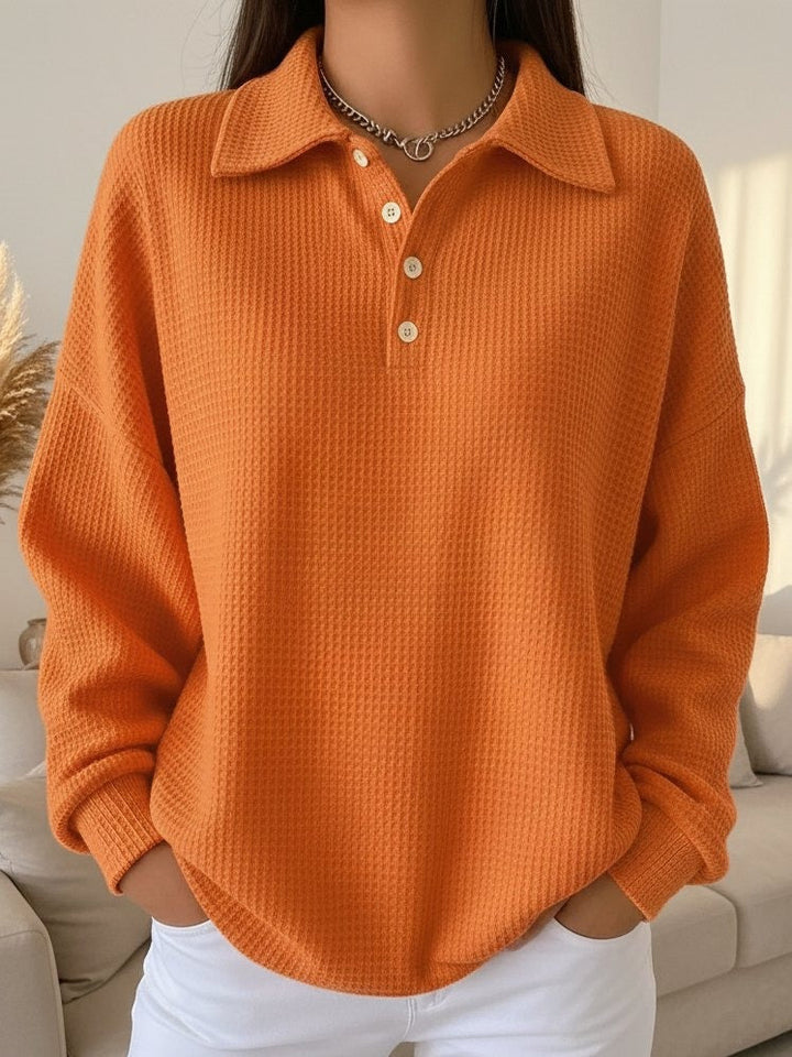 Women Long Sleeve Waffle Knit Polo Shirt