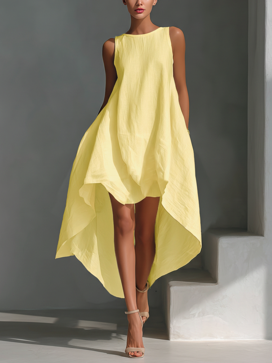 Women's Elegant Linen Sleeveless Round Neck High-Low Midi Dress