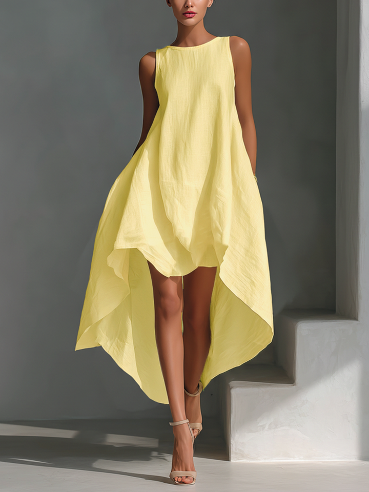 Women's Elegant Linen Sleeveless Round Neck High-Low Midi Dress