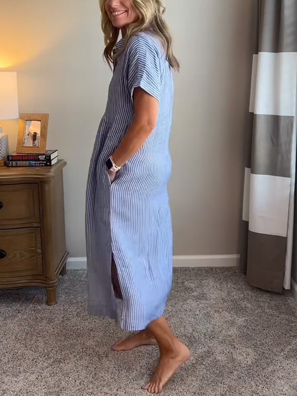 Linen Striped Button Down Shirt Dress for Women