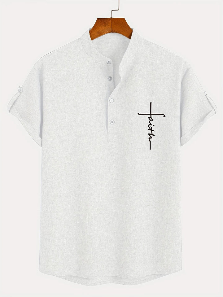 Men Henley Linen Shirt Casual Short Sleeve Cross Graphic Tee