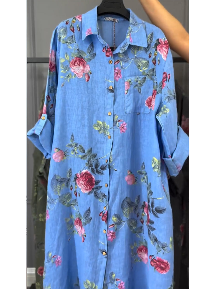 Women's Linen Floral Print Long Sleeve Midi Tunic Shirt Dress