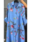 Women's Linen Floral Print Long Sleeve Midi Tunic Shirt Dress