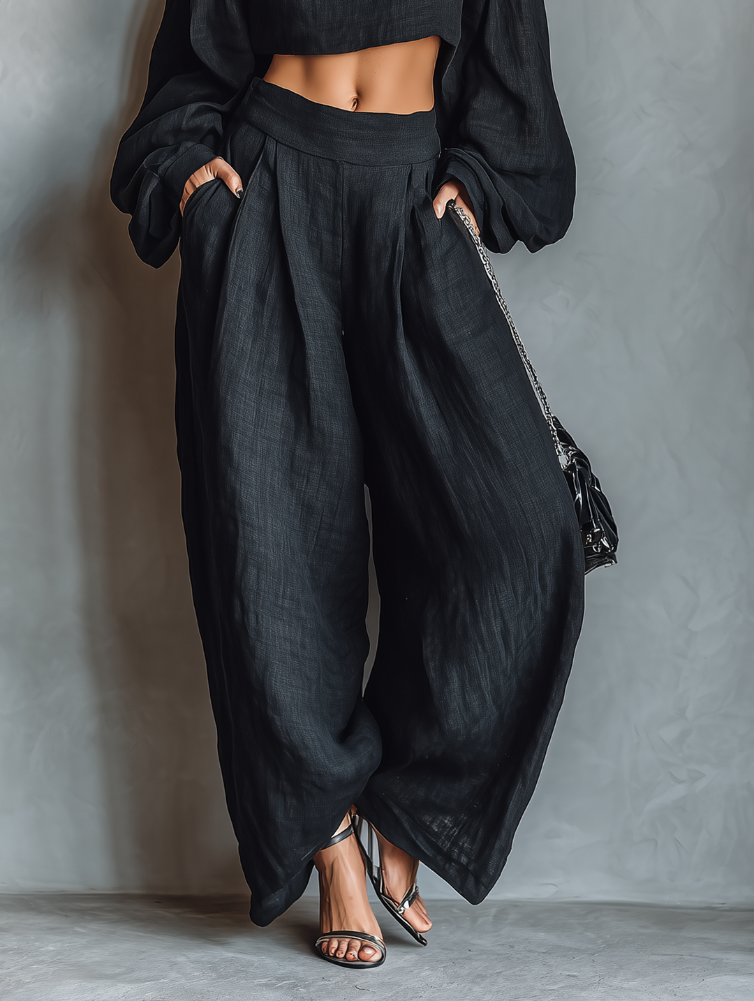 Women's Linen Blend Off-Shoulder Long Sleeve Crop Top & Wide-Leg Pants Set