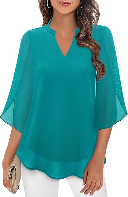 Women's Chiffon V Neck Blouse Summer Petal Sleeve Tunic Top