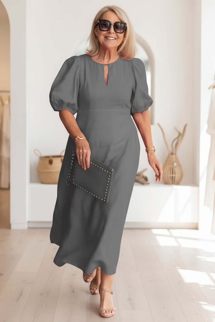 Women's Linen Blend Puff Sleeve Cutout Midi Dress