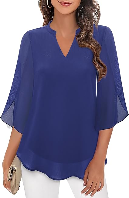 Women's Chiffon V Neck Blouse Summer Petal Sleeve Tunic Top